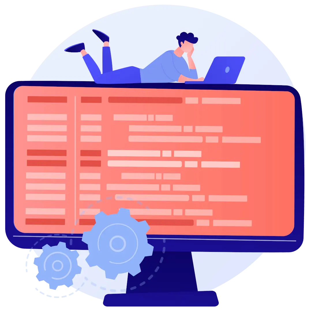 Ilustração de desenvolvedor programando em um laptop sobre um grande monitor com código e engrenagens, representando desenvolvimento de software e automação.